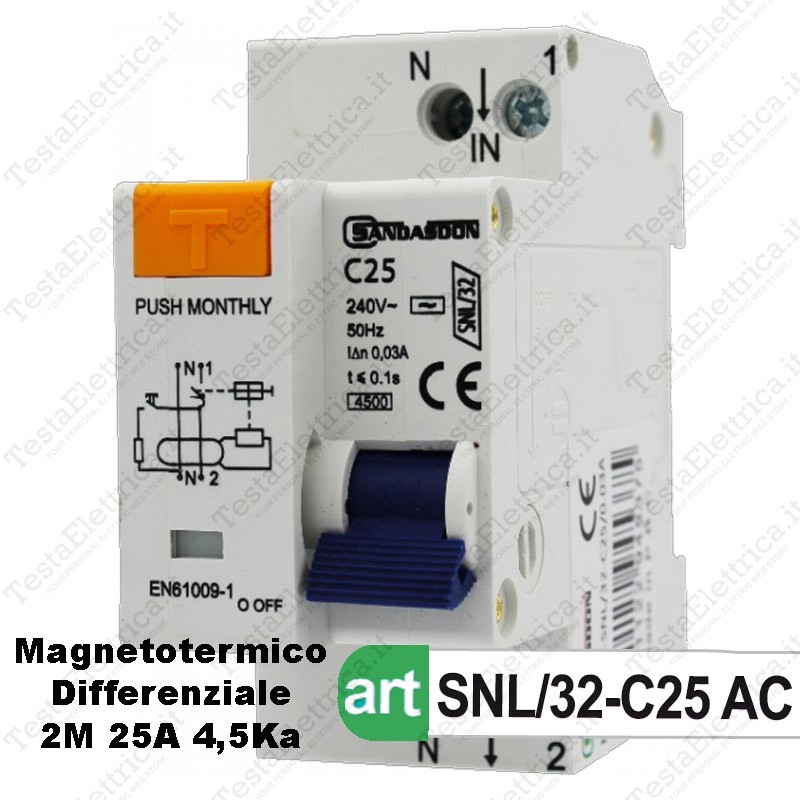 Interruttore magnetotermico differenziale 1P+N, 1 modulo, 220Vac, 25A,  30mA, 4,5KA - Ettroit JX252540