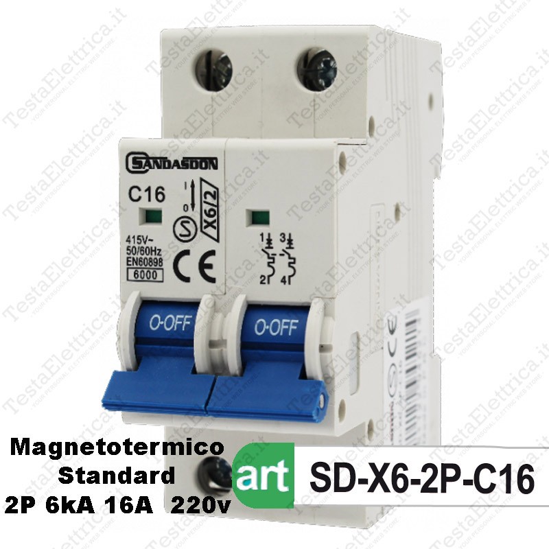 Interruttore Magnetotermico 2P 6ka 16A Sandasdon