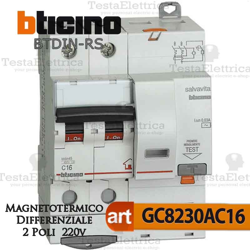 Interruttore Magnetotermico Differenziale 2P 16A Bticino GC8230AC16