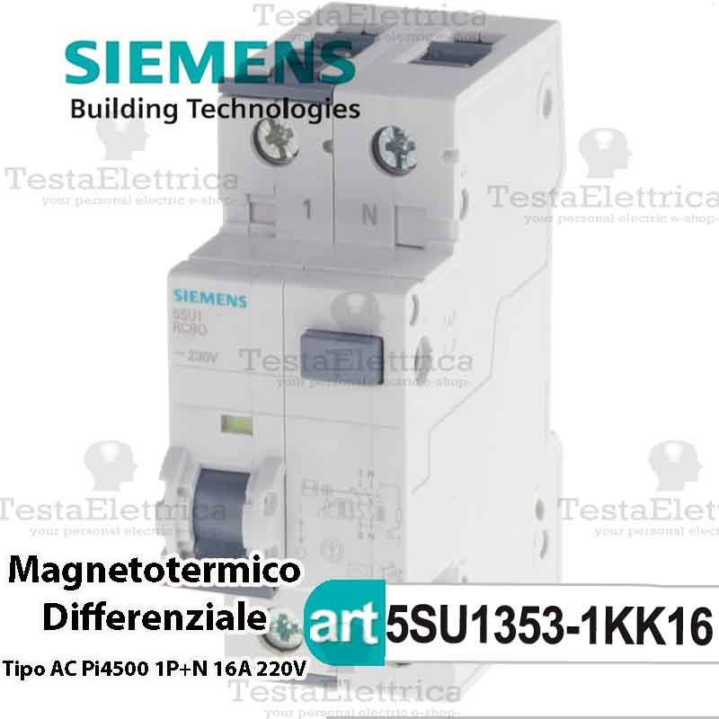 Interruttore magnetotermico differenziale 1P+N 16A 4,5kA 30mA Siemens  5SU13531KK16
